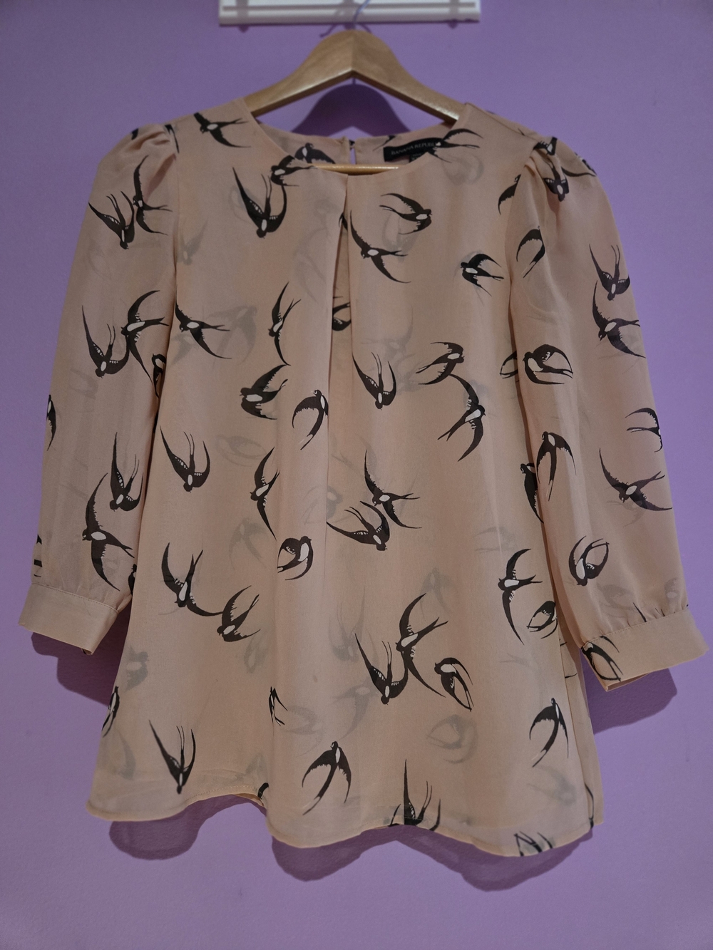 Banana Republic Peach Blouse with Black Swallow Print